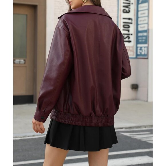 ⚡Women's Burgundy Faux Leather Long Sleeve Zipper Oversized Motorcycle Jackets - Picture 4 of 6